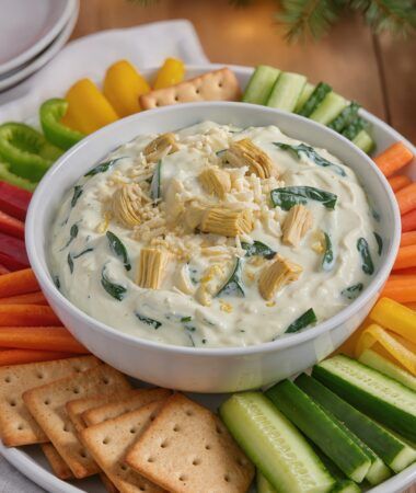 Spinach and Artichoke Yogurt Dip with Crackers and Veggies