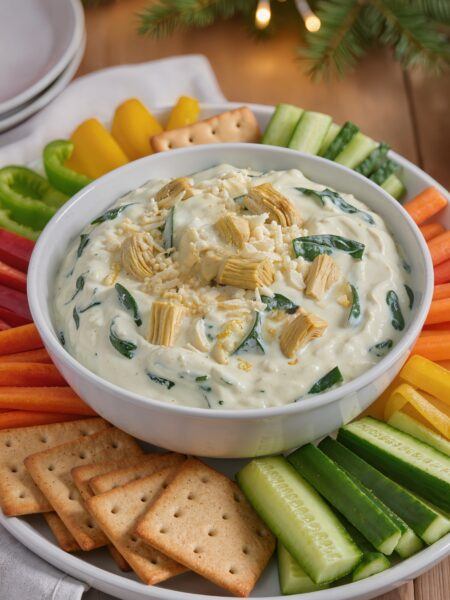 Spinach and Artichoke Yogurt Dip with Crackers and Veggies