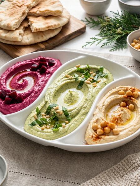 Holiday Hummus Trio with Beet, Basil and Classic Flavors