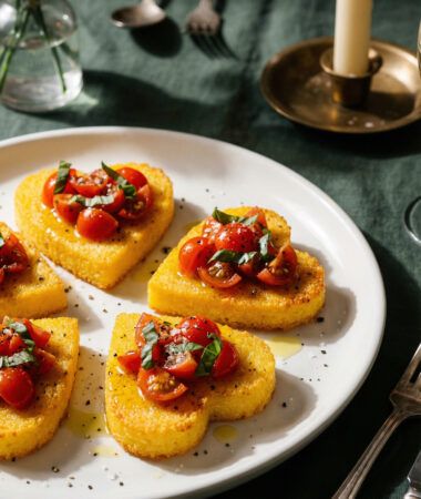 Heart Cut Polenta Bites with Tomato and Basil