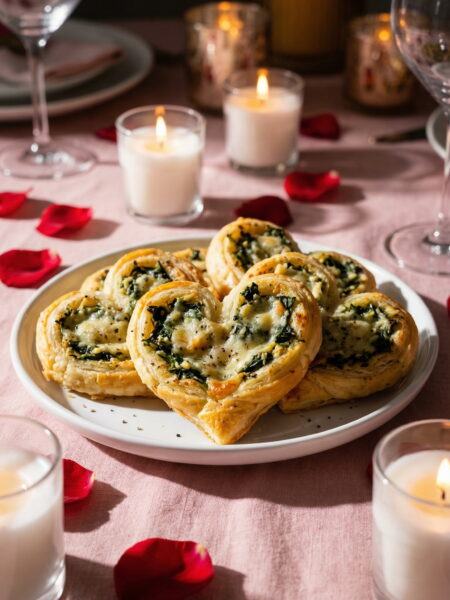 Heart Shaped Spinach Cheese Puff Pastry Pinwheels