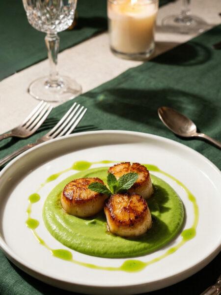 Seared Scallops with Pea Puree for a Romantic Dinner